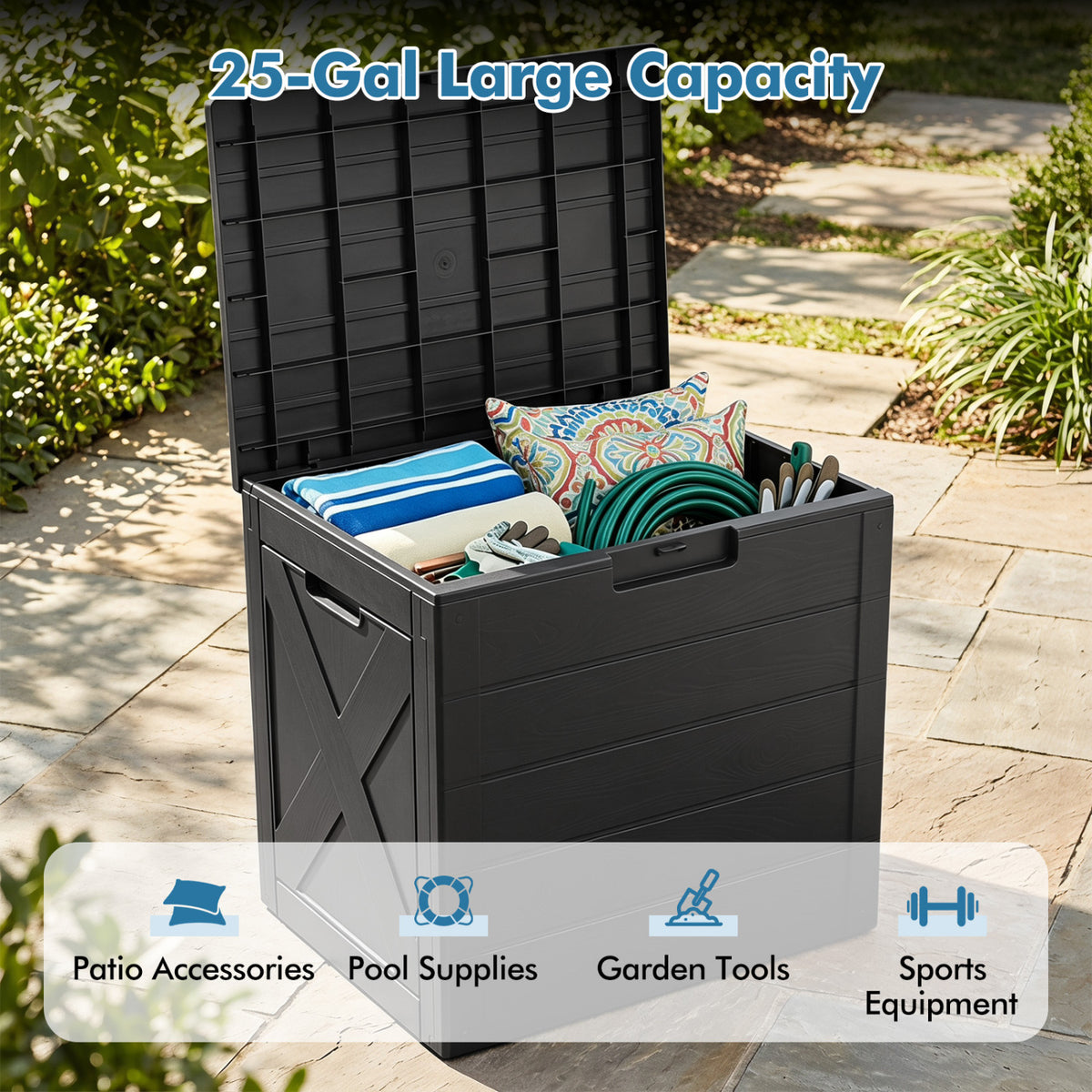 25 Gallon Storage Bin with Lid Carry Handles and Lock Hole for Patio Furniture Accessories-Black