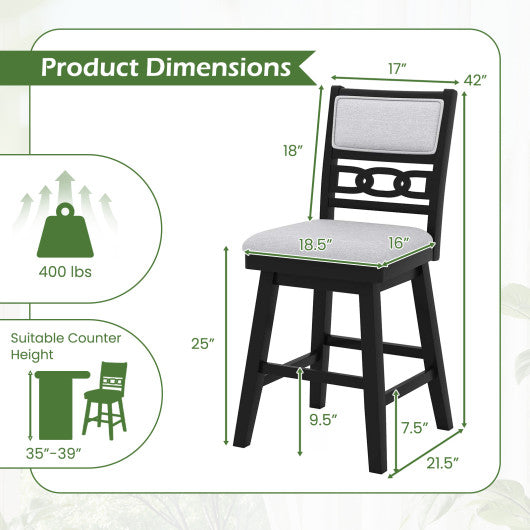 25 Inch Bar Stools Set of 2 with Upholstered Backrest and 360° Rotation Seat-Black