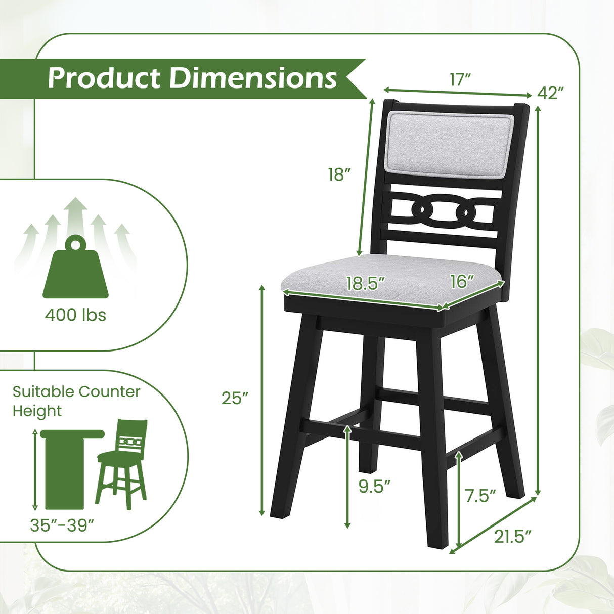 25 Inch Bar Stools Set of 2 with Upholstered Backrest and 360 ° Rotation Seat-Black