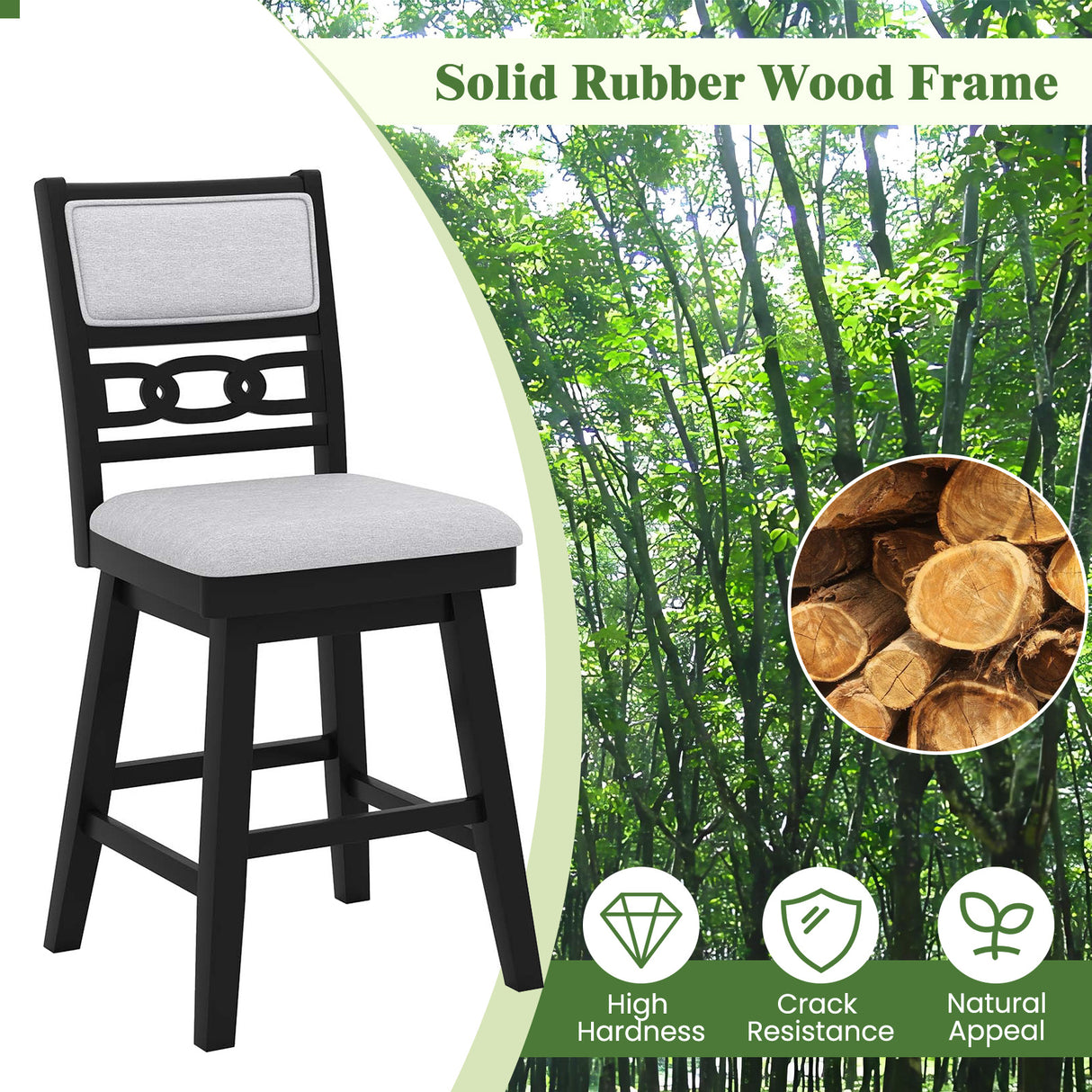 25 Inch Bar Stools Set of 2 with Upholstered Backrest and 360 ° Rotation Seat-Black