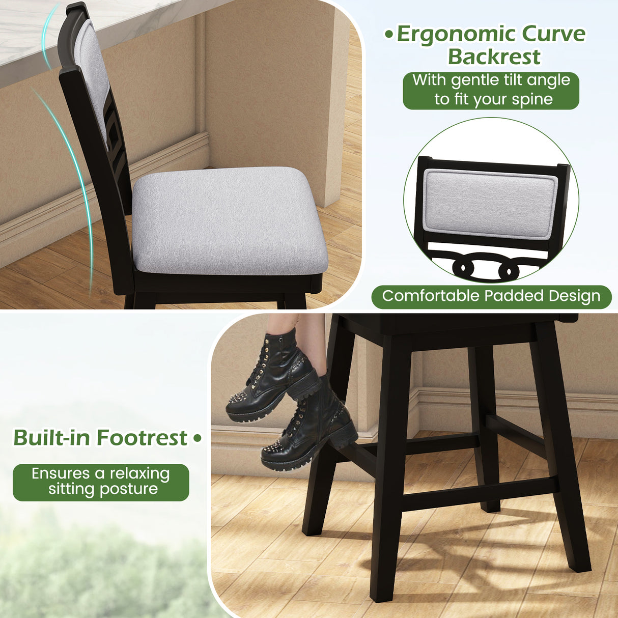 25 Inch Bar Stools Set of 2 with Upholstered Backrest and 360 ° Rotation Seat-Black