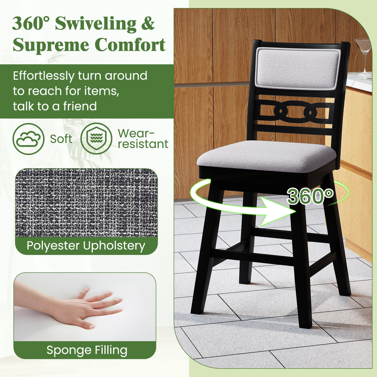 25 Inch Bar Stools Set of 2 with Upholstered Backrest and 360 ° Rotation Seat-Black