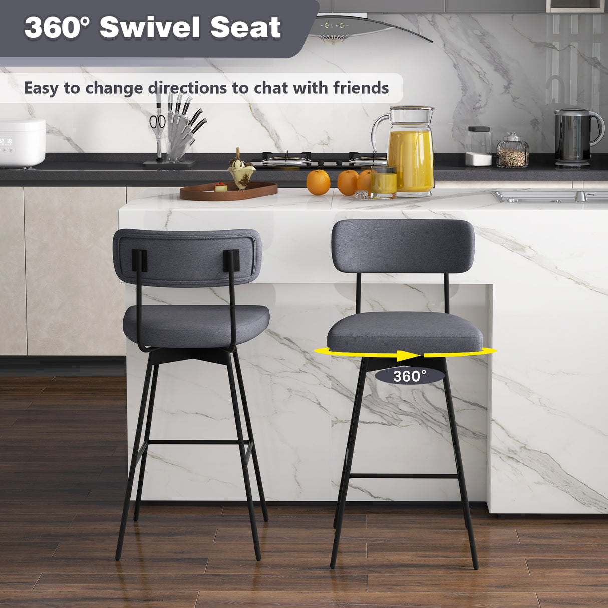 29 Inch Counter Height Upholstered Swivel Bar Stool Set of 2-Gray