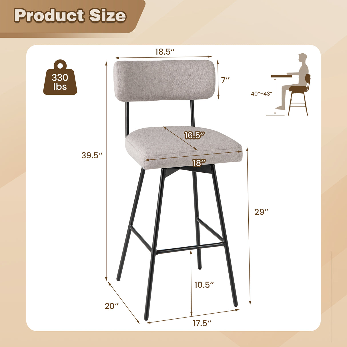 29 Inch Counter Height Upholstered Swivel Bar Stool Set of 2-beige