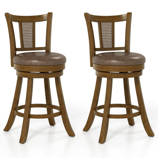 25 Inch Set of 2 Bar Stools with PE Rattan Backrest and Rubber Wood Frame-Brown