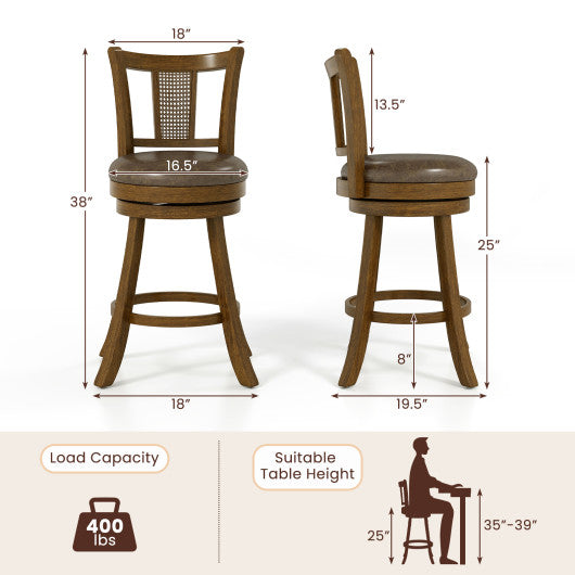25 Inch Set of 2 Bar Stools with PE Rattan Backrest and Rubber Wood Frame-Brown