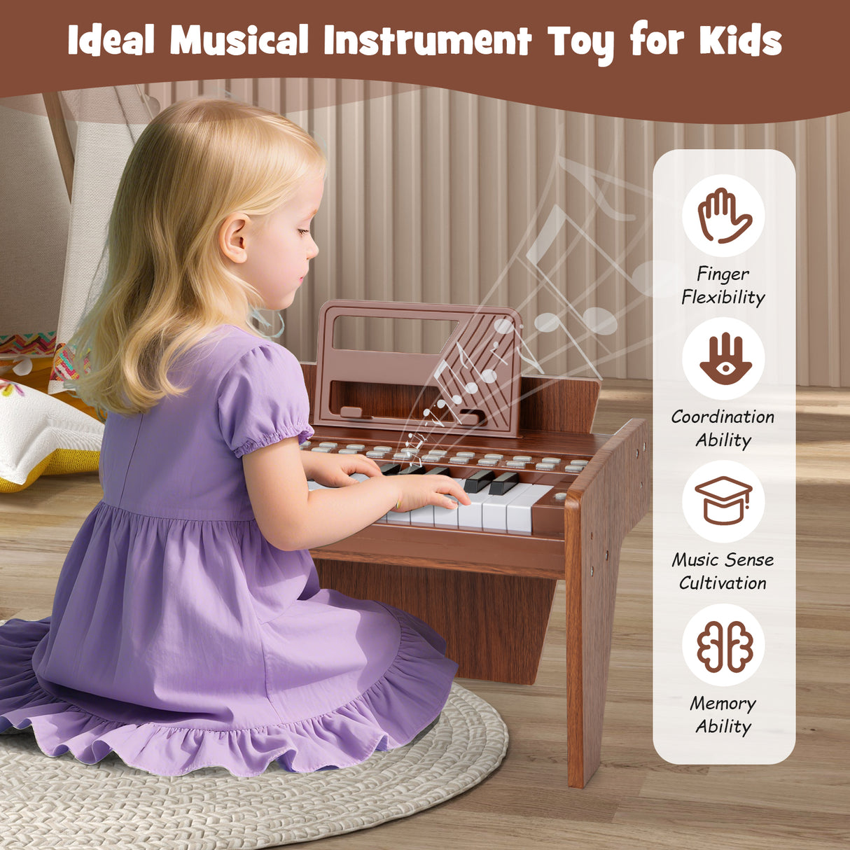 25 Keys Kids Piano Keyboard with Adjustable Speed and Volume-Brown