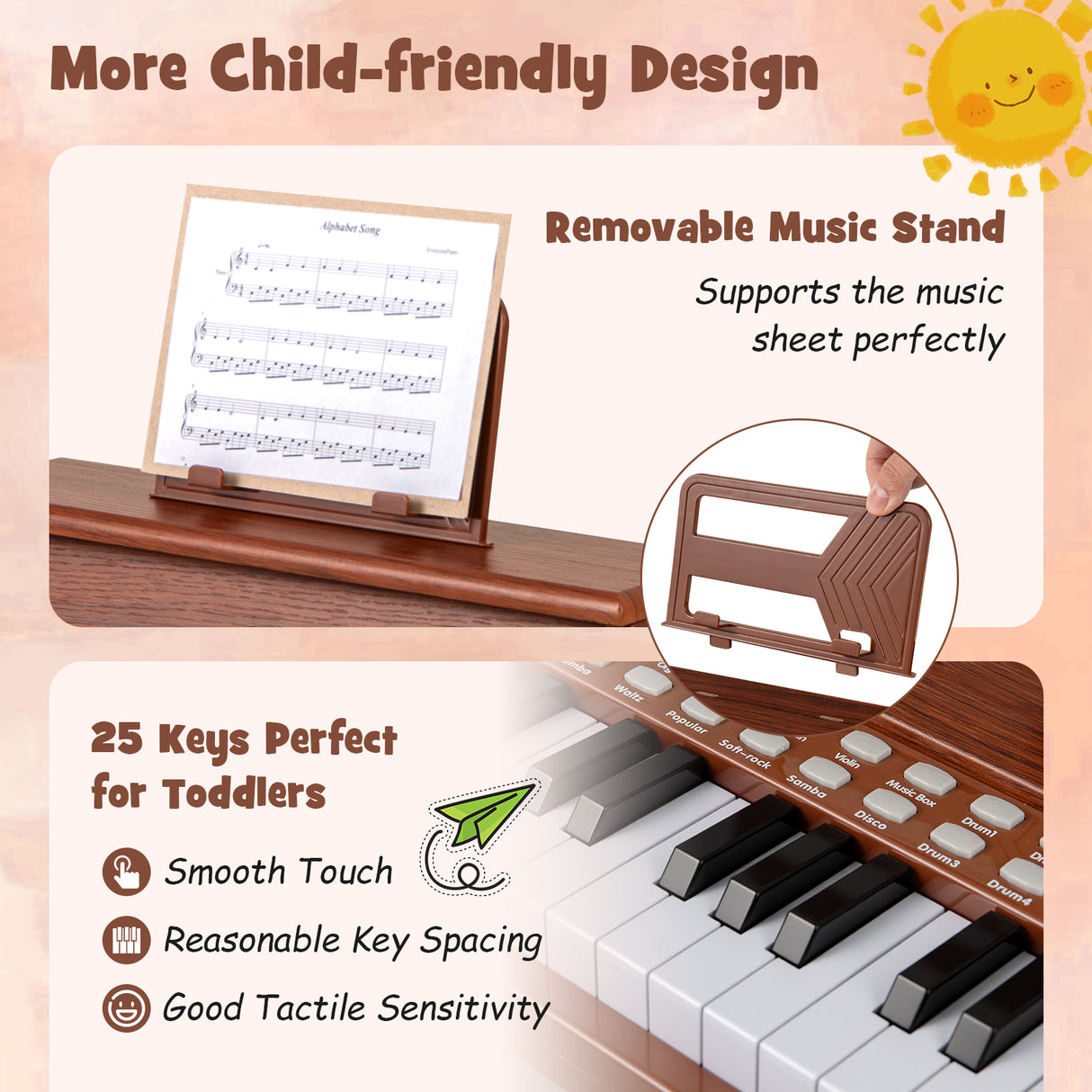 25 Keys Kids Piano Keyboard with Adjustable Speed and Teaching Mode-Brown