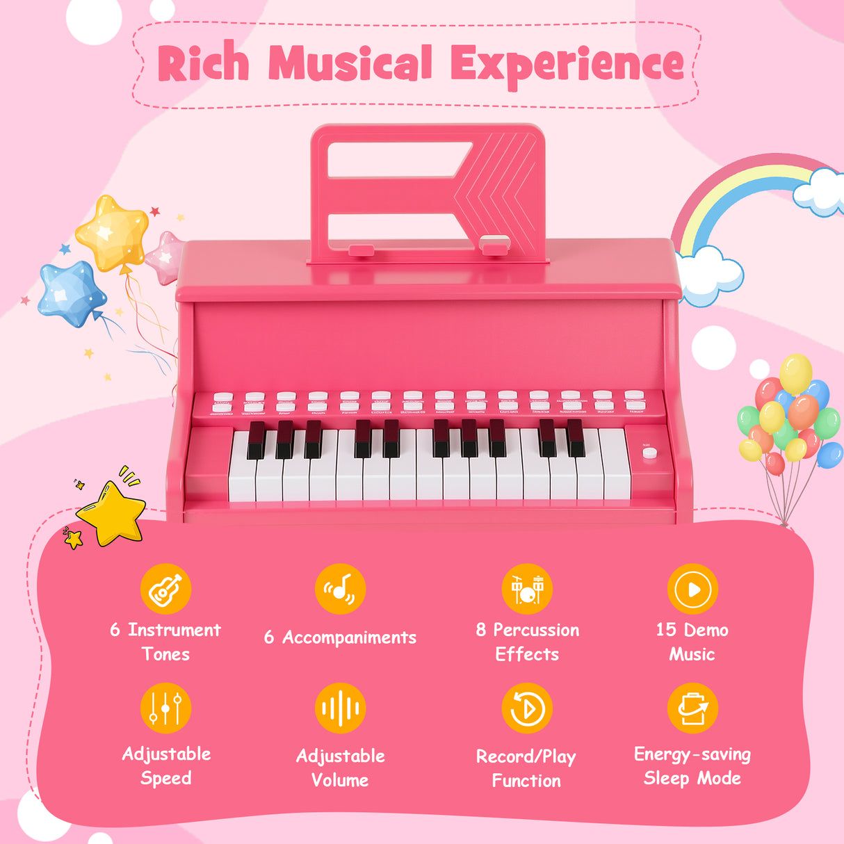 25 Keys Kids Piano Keyboard with Adjustable Speed and Teaching Mode-Pink