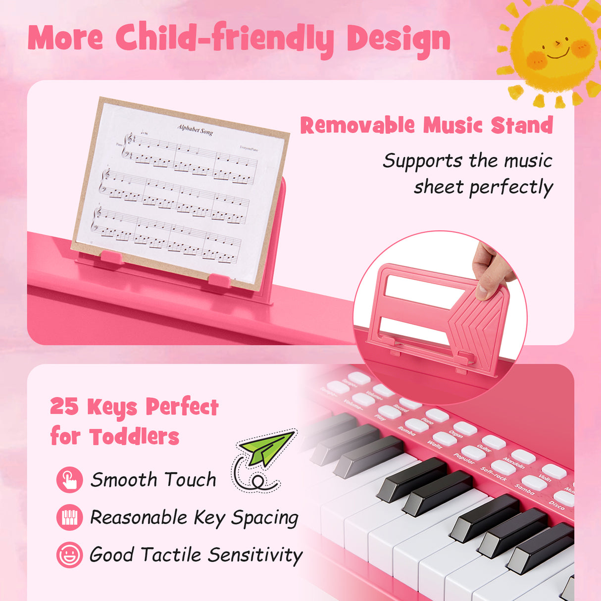 25 Keys Kids Piano Keyboard with Adjustable Speed and Teaching Mode-Pink