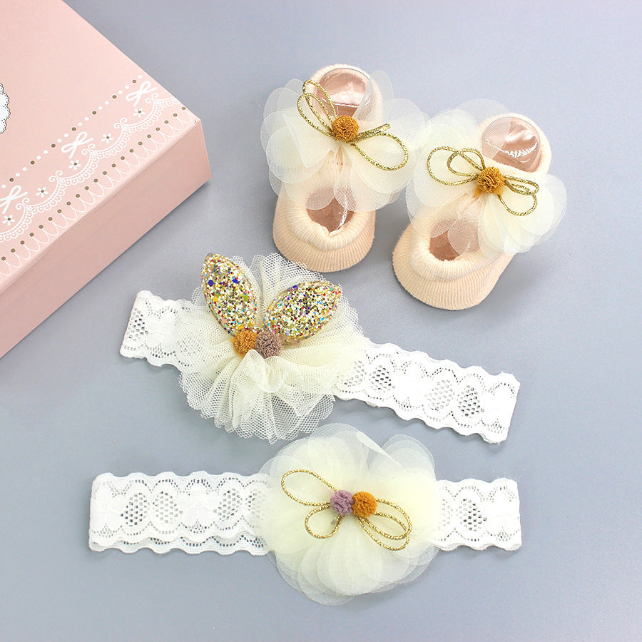 Flower Baby Girl Headband Socks Set Shoes With Crown Bows Newborn Headbands For Girls Turban Baby Hair Accessories