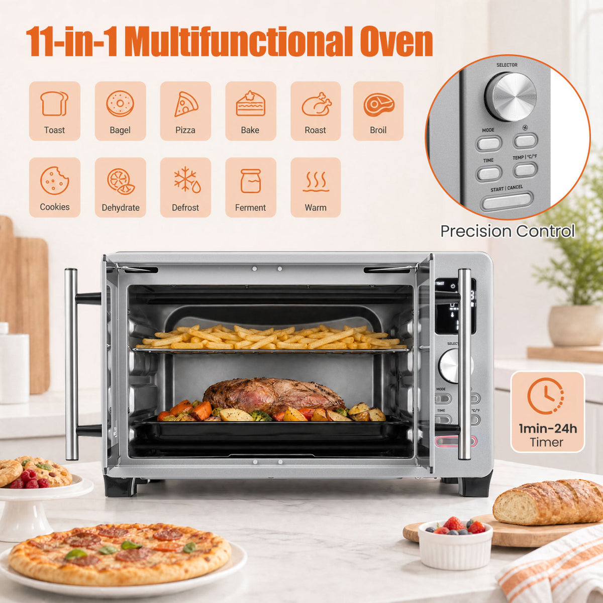 26.4 Quart French Door Convection Toaster Oven with 11 Presets-Silver