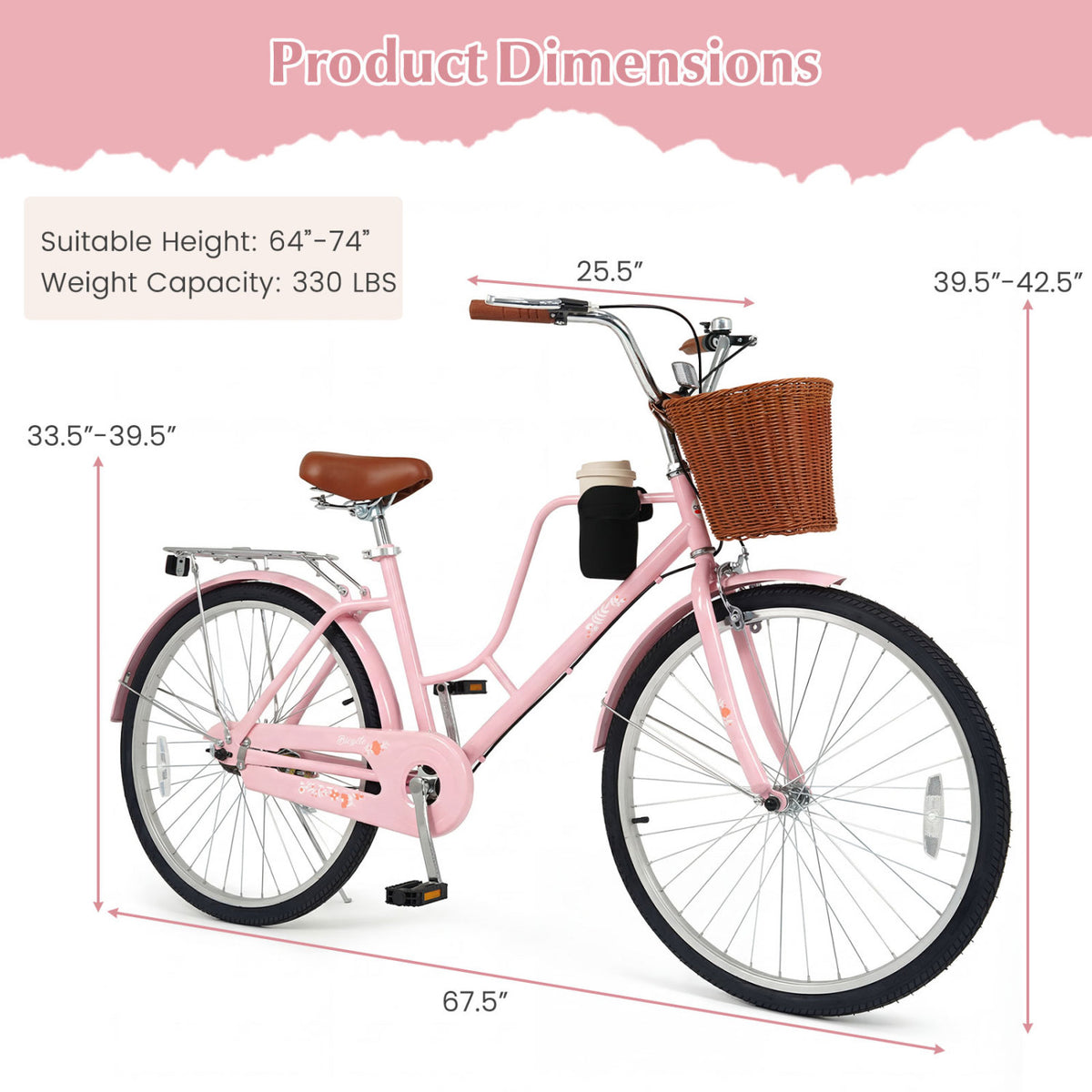 26-Inch Beach Cruiser Bike with Cup Holder and Woven Basket - Pink
