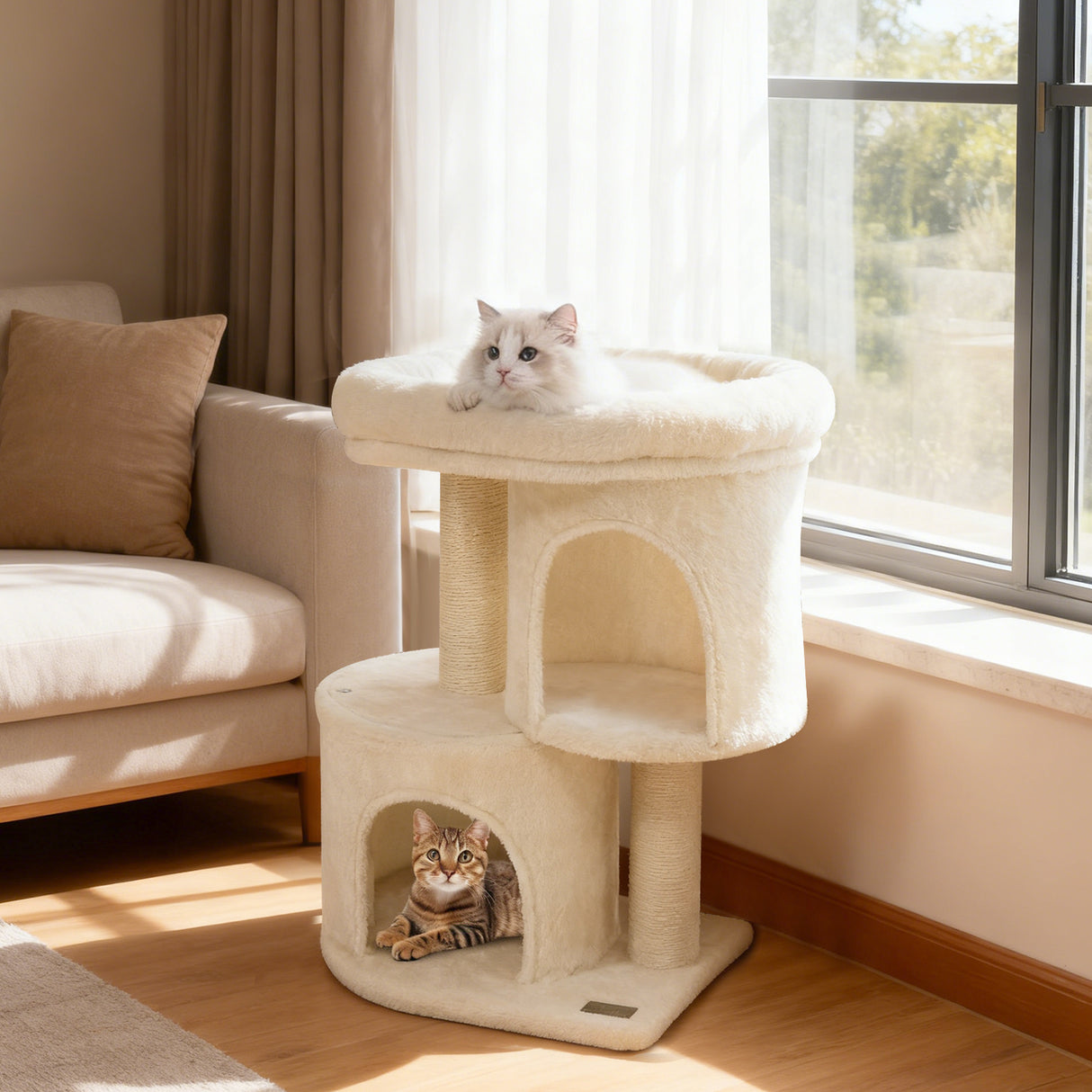 26 Inch Cat Tower with Large Padded Push Perch and Dual Condos-Beige