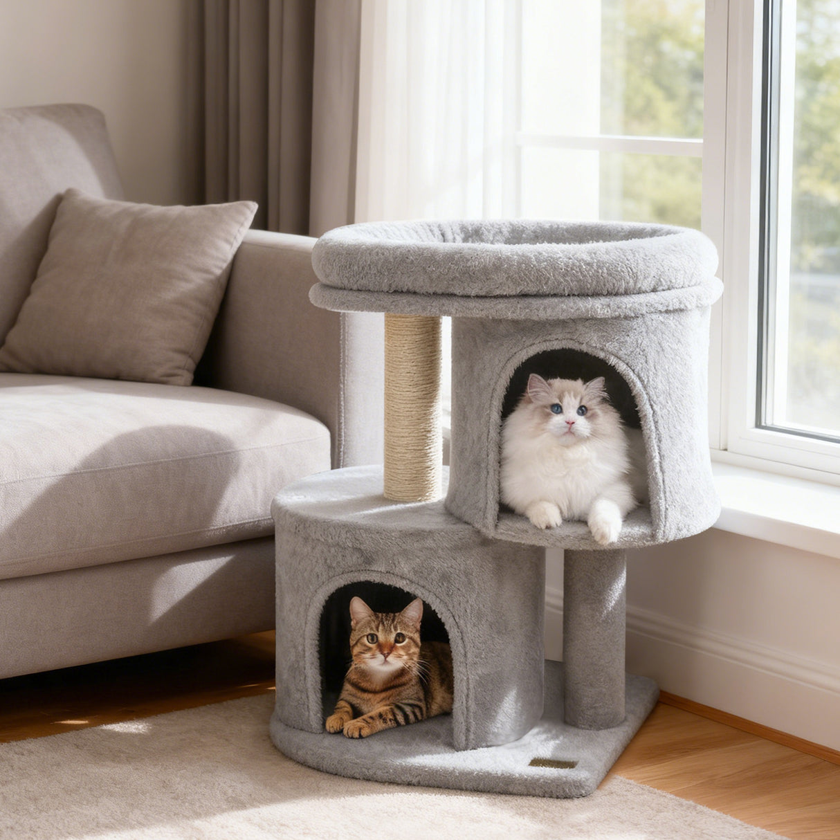 26 Inch Cat Tower with Large Padded Push Perch and Dual Condos-Light Gray