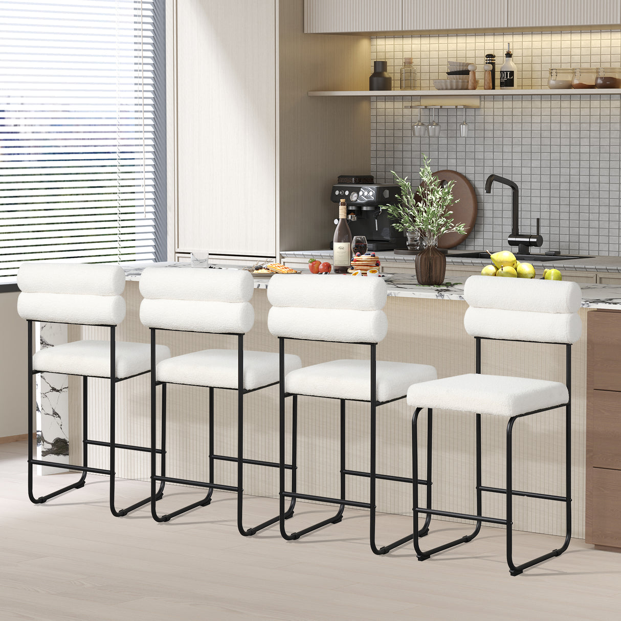 26 Inch Counter Height Bar Stools Set of 2 with Metal Frame and Footrest-White