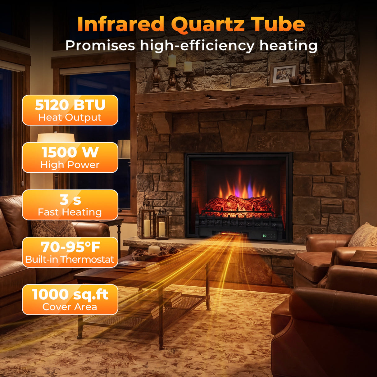 26 Inch WiFi Infrared Quartz Electric Fireplace Insert Logs Heater with Realistic Pinewood Logs-Black