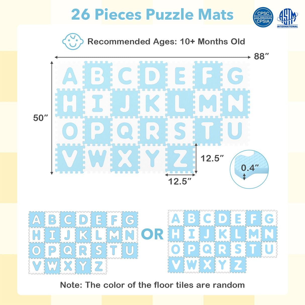 26 Pieces Interlocking ABC Play Mats with Detachable Letters-Blue