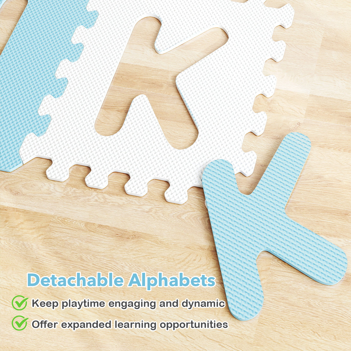 26 Pieces Interlocking ABC Play Mats with Detachable Letters-Blue