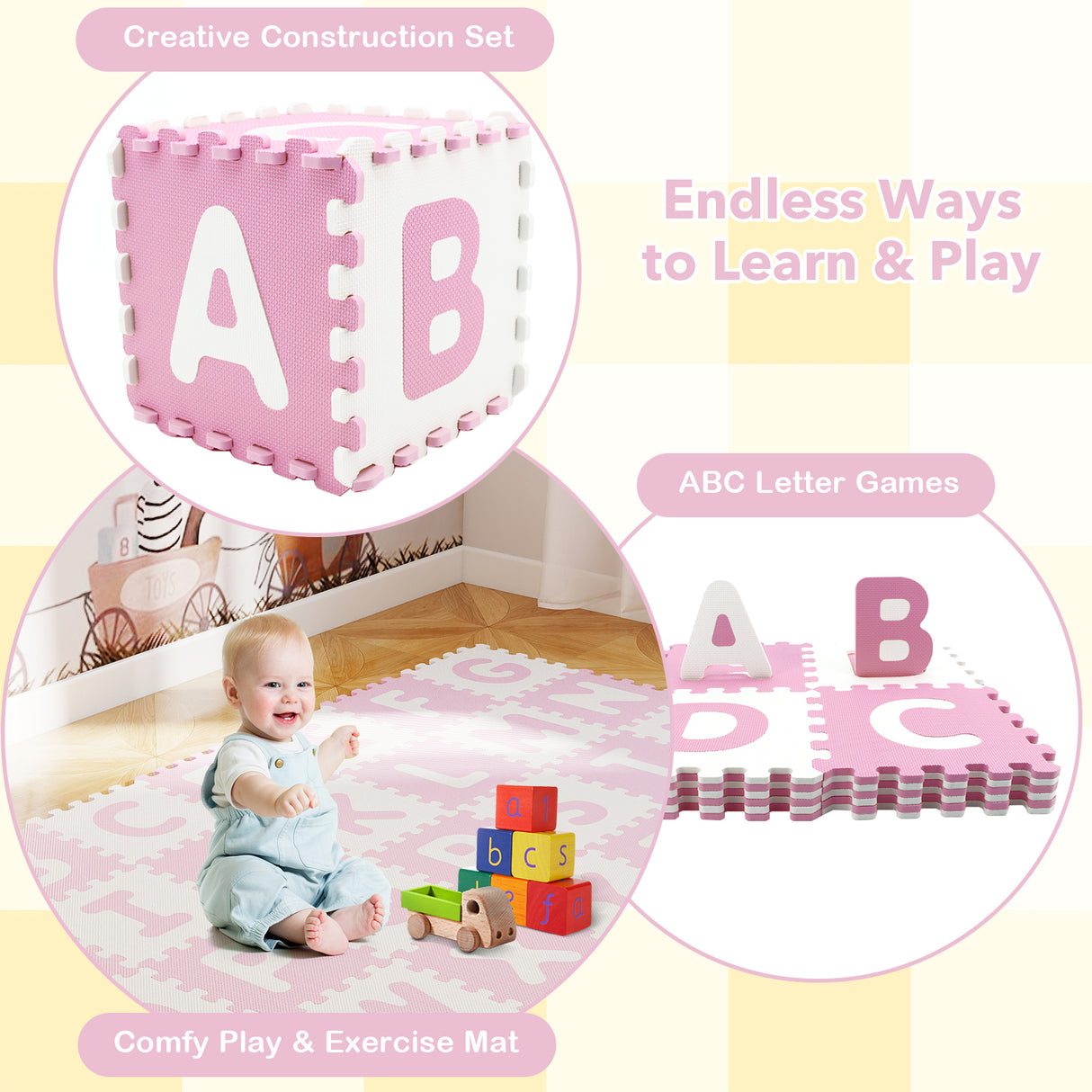 26 Pieces Interlocking ABC Play Mats with Detachable Letters-Pink