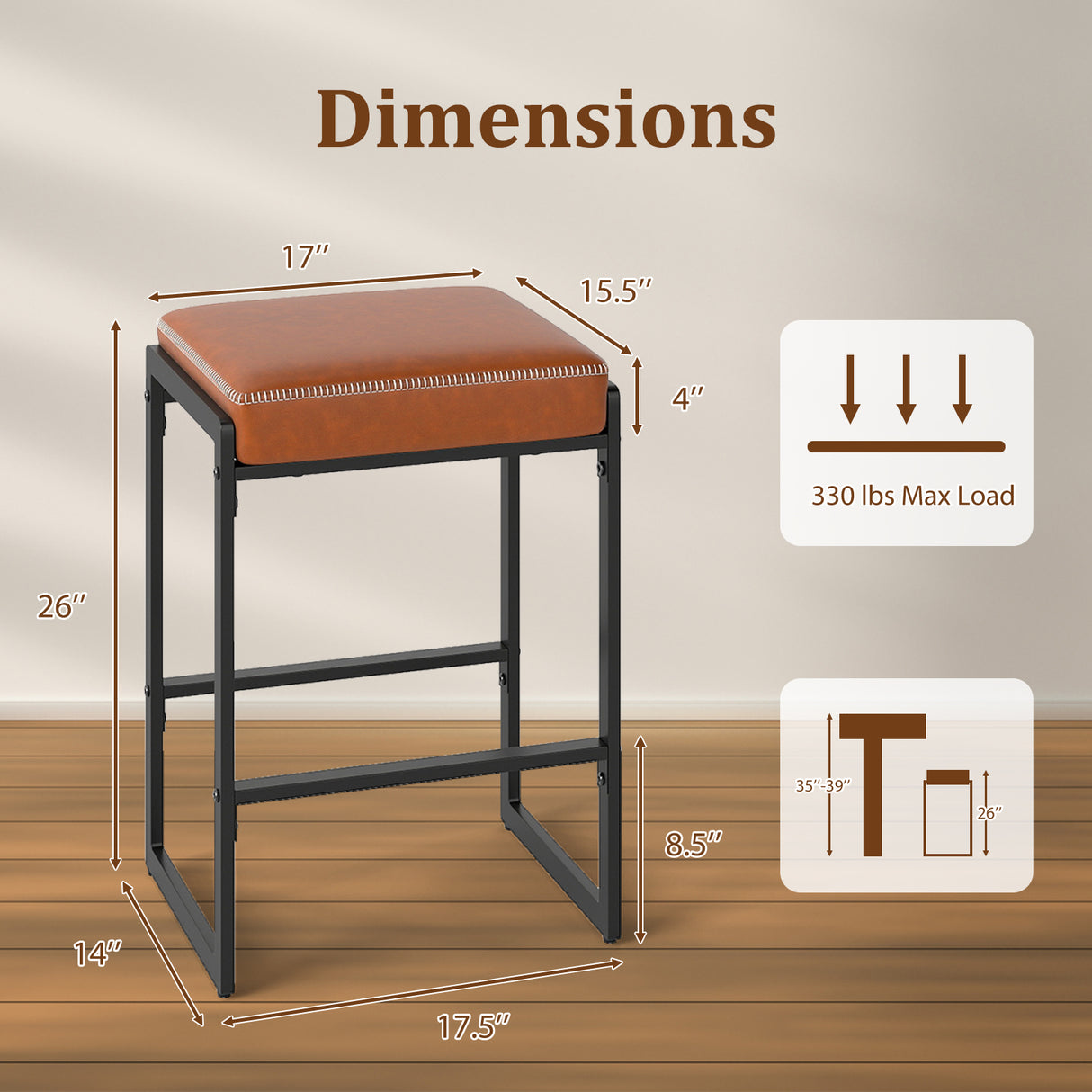 26 inch Bar Stools Set of 2 Counter Height Barstools with Faux Leather Upholstered Seat-Brown