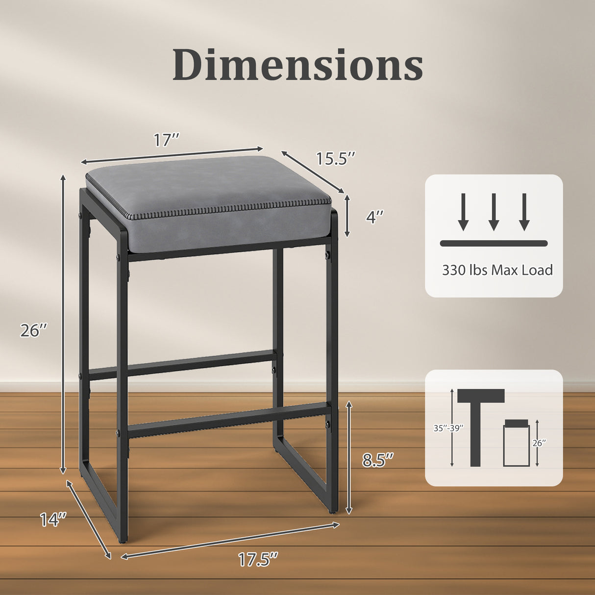 26 inch Bar Stools Set of 2 Counter Height Barstools with Faux Leather Upholstered Seat-Gray