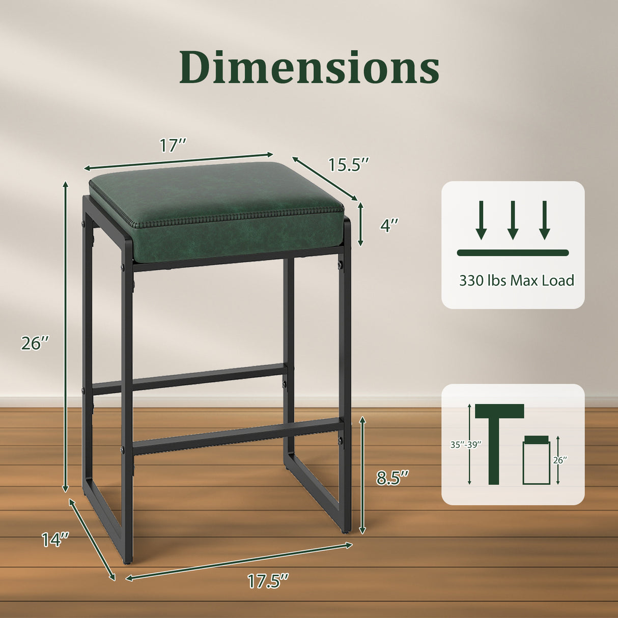 26 inch Bar Stools Set of 2 Counter Height Barstools with Faux Leather Upholstered Seat-Green