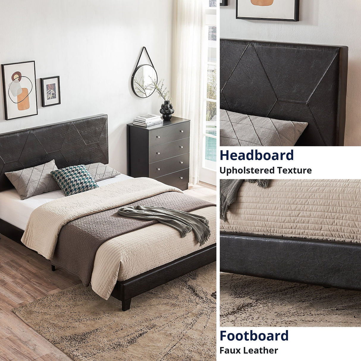 Queen Size Upholstered Platform Bed Frame, Wood Slat Support - Black by Couch.com