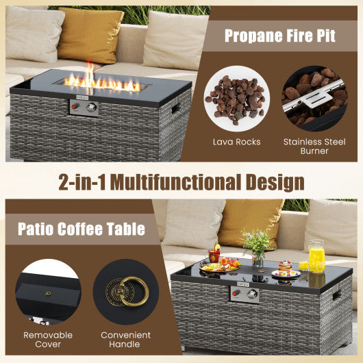 2-Piece Outdoor Rattan Fire Table Set 32 Inch Rectangle Gas Firepit with Tank Cover-Gray