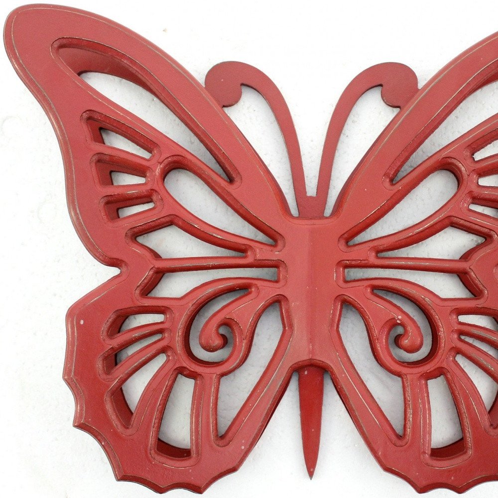 23" X 19" X 4" Red Rustic Butterfly Wooden Wall Decor