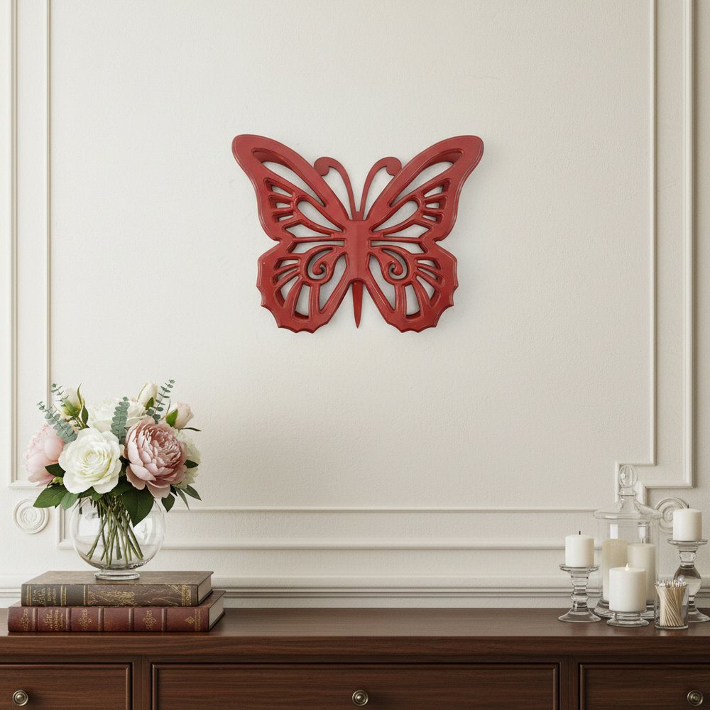 23" X 19" X 4" Red Rustic Butterfly Wooden Wall Decor