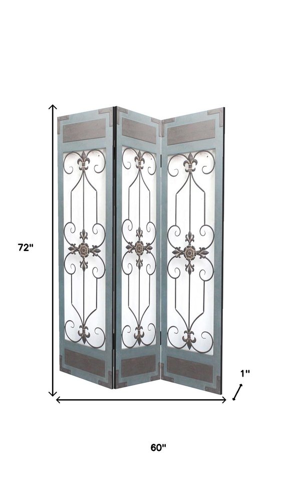 72" Blue Metal Folding Three Panel Screen Room Divider