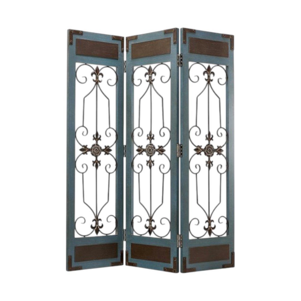 72" Blue Metal Folding Three Panel Screen Room Divider