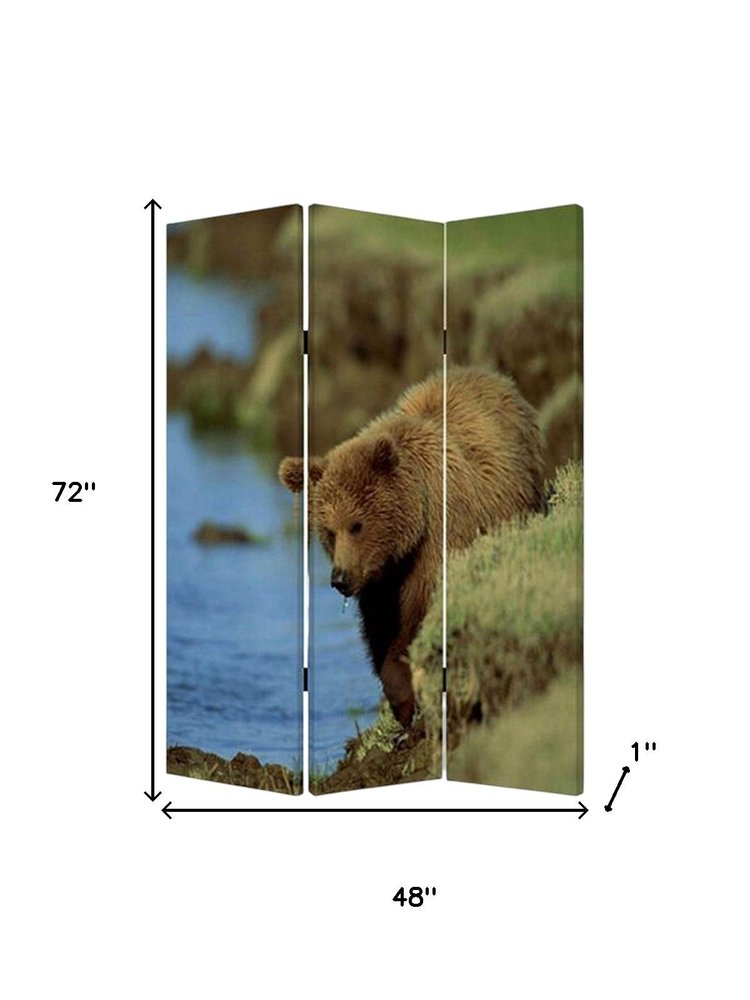 72" Blue And Green Canvas Folding Three Panel Screen Room Divider