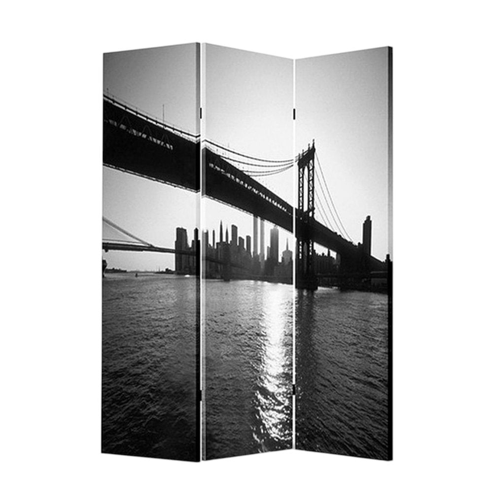 72" Gray Canvas Folding Three Panel Screen Room Divider