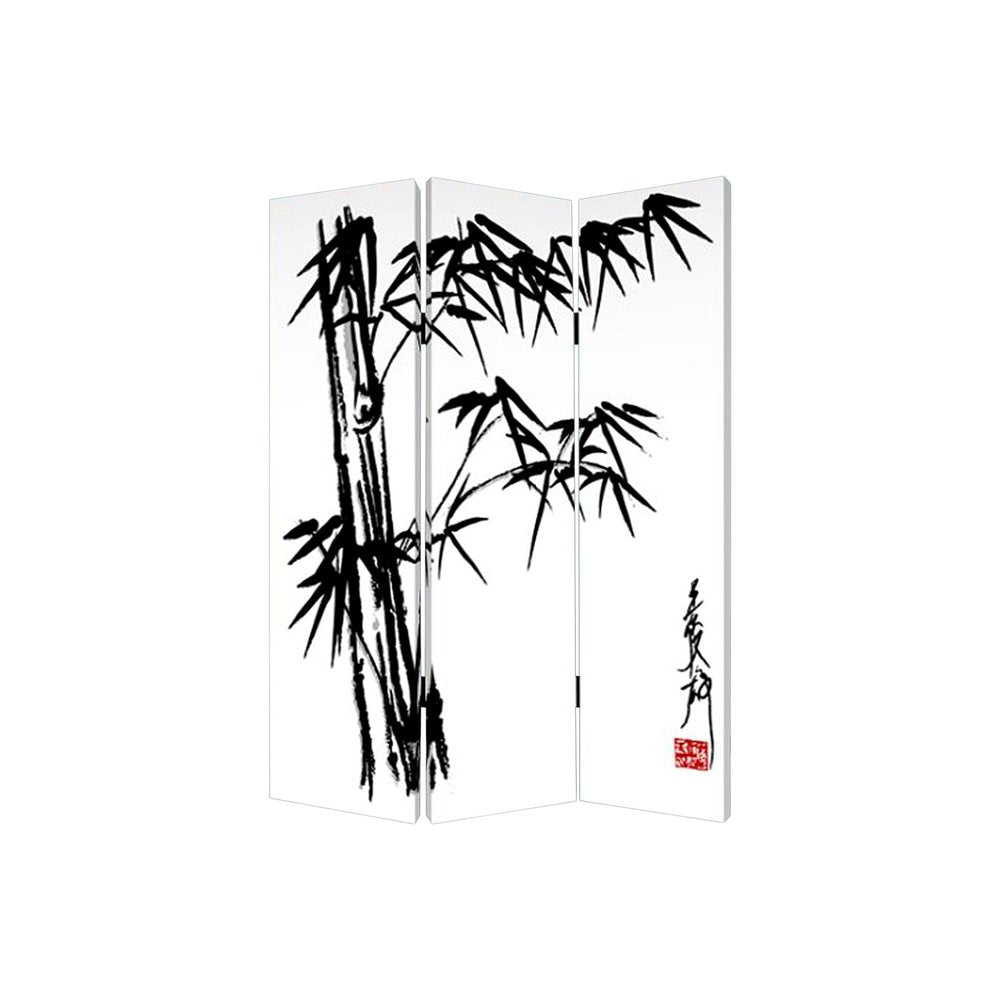 72" Black And White Canvas Folding Three Panel Screen Room Divider