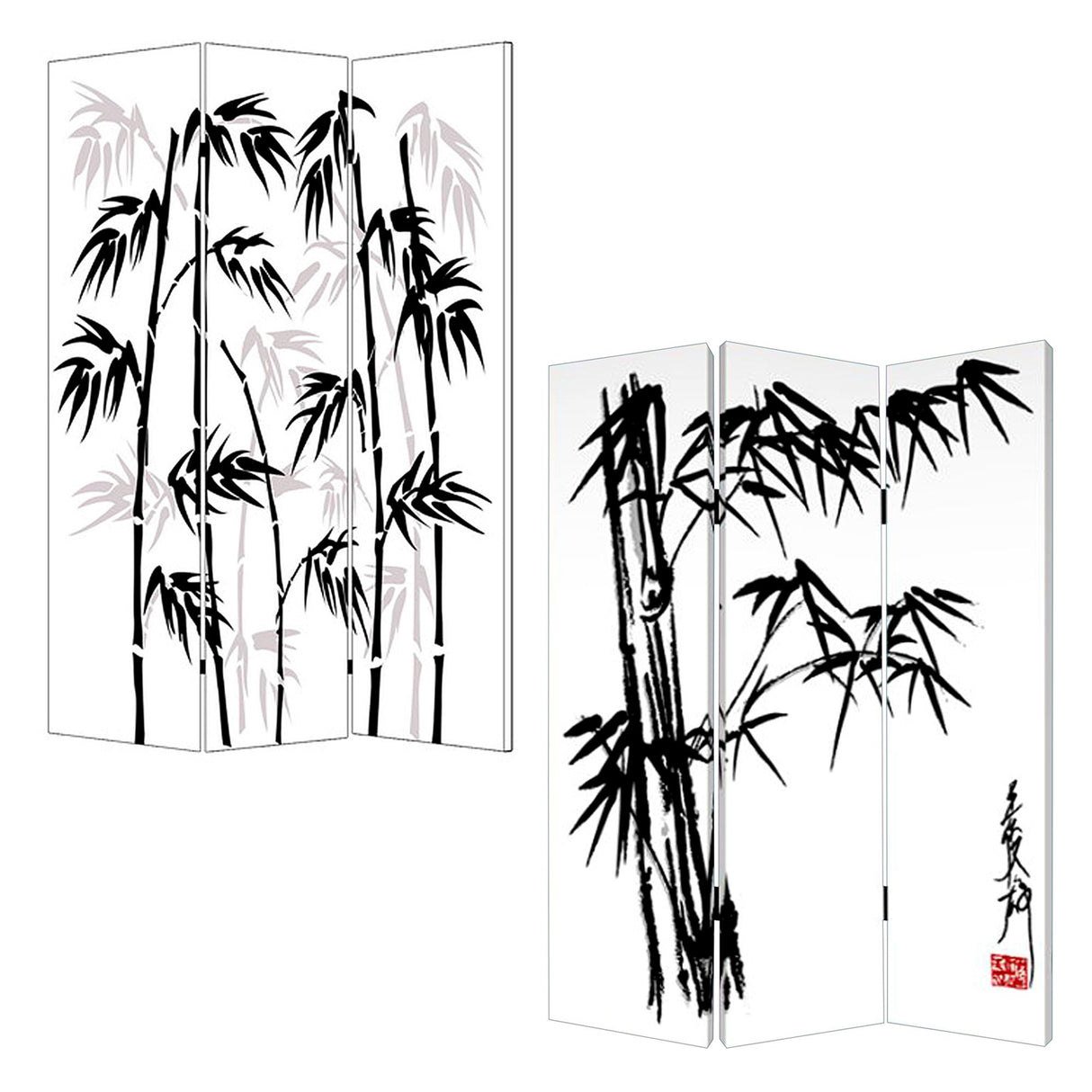 72" Black And White Canvas Folding Three Panel Screen Room Divider