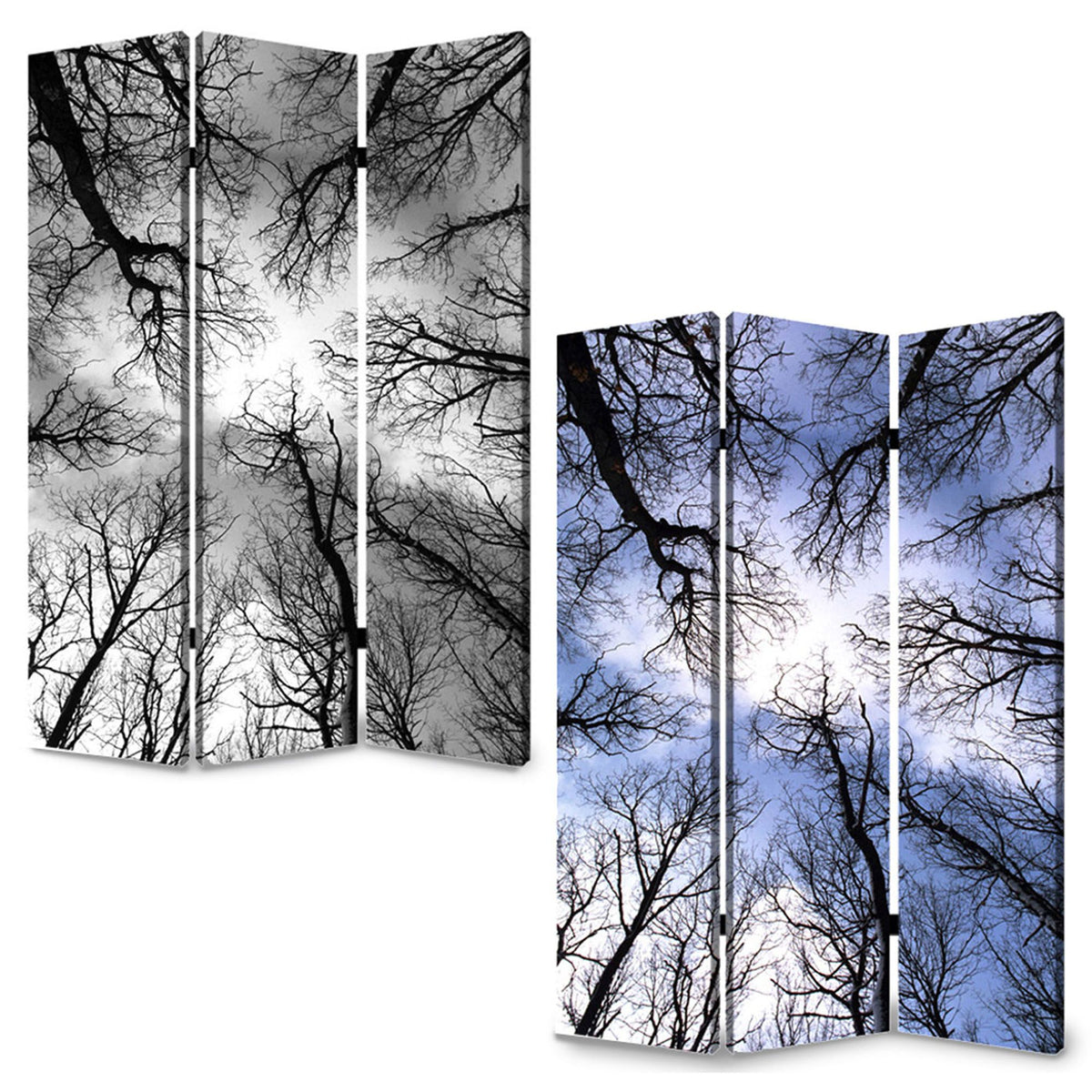72" Black And Blue Canvas Folding Three Panel Screen Room Divider