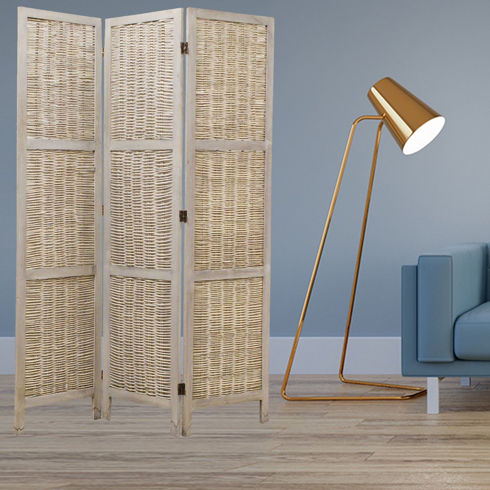 67" Beige Wood Folding Three Panel Screen Room Divider