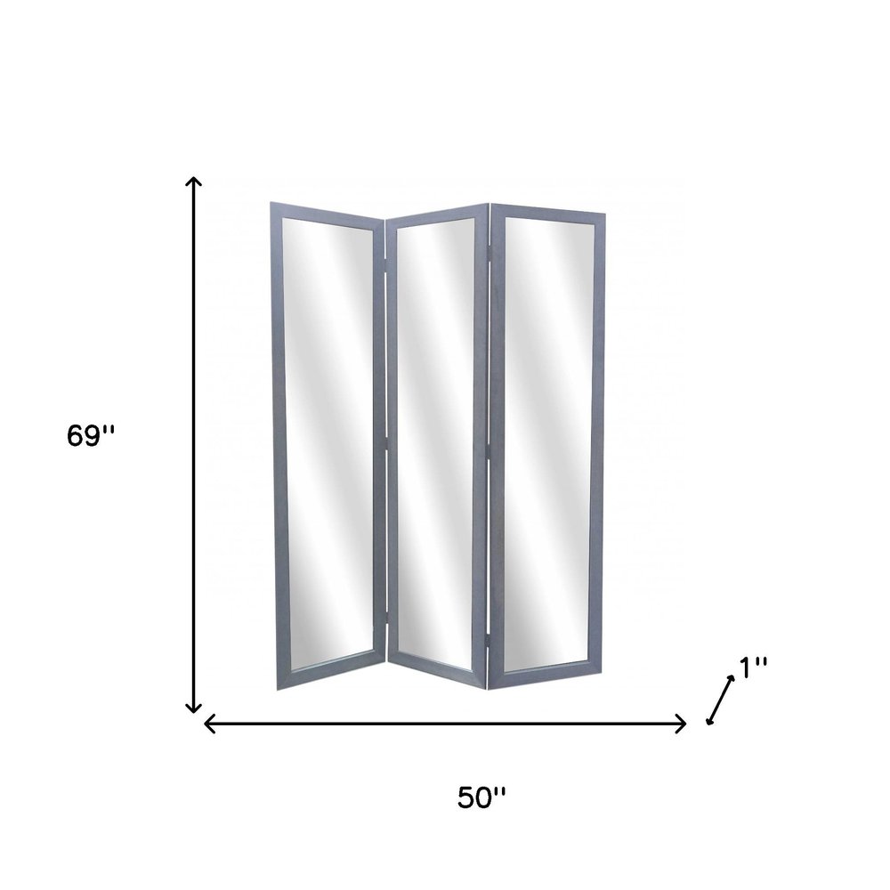 69" Black Wood and Mirrored Glass Folding Three Panel Screen Room Divider