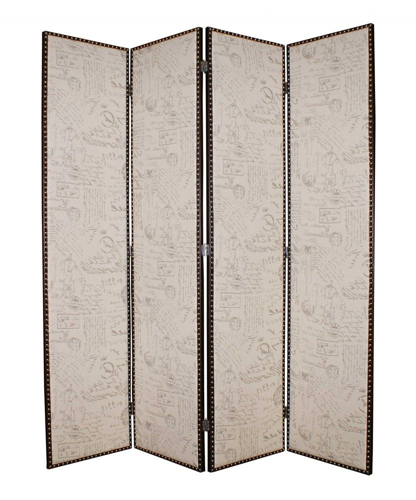 84" Tan Fabric Folding Four Panel Screen Room Divider