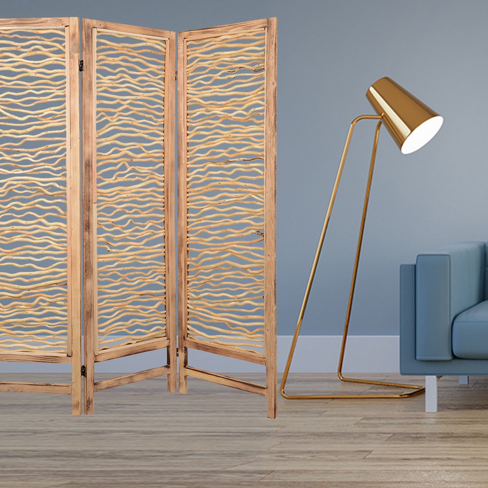 69" Brown Wood Folding Three Panel Screen Room Divider