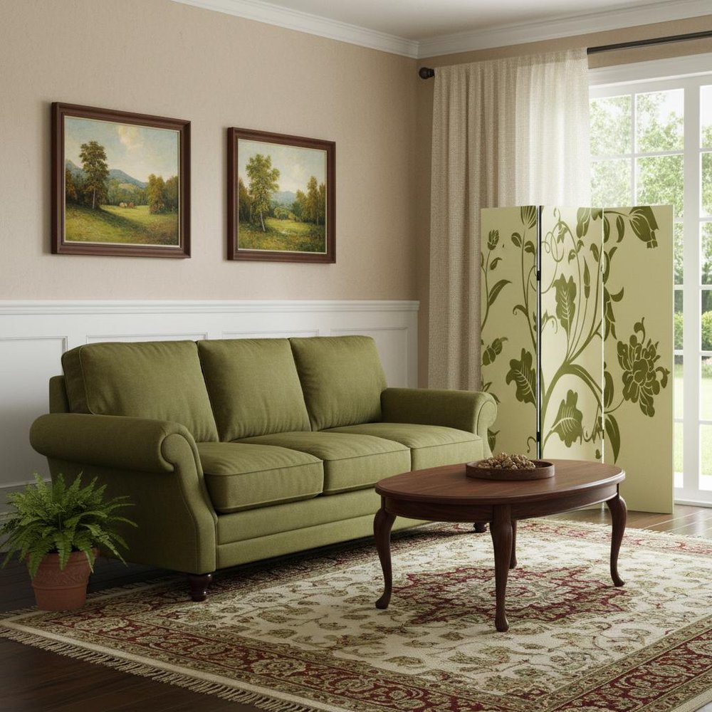 72" Green Canvas Folding Three Panel Screen Room Divider