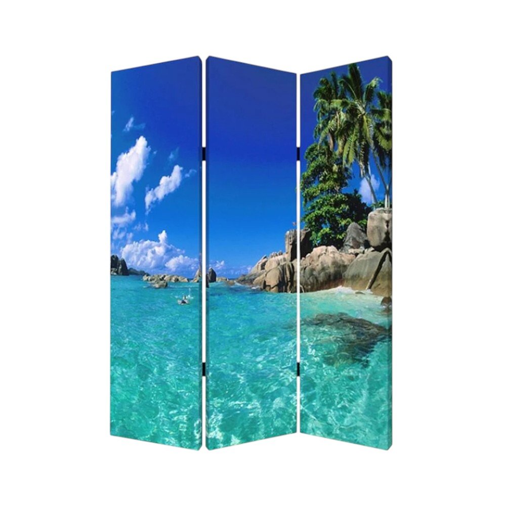 72" Blue And Green Canvas Folding Three Panel Screen Room Divider