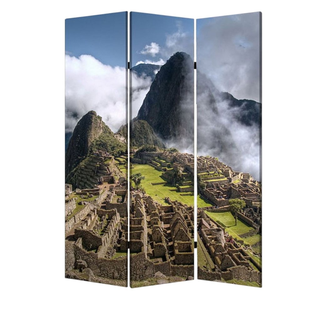 72" Blue And Green Canvas Folding Three Panel Screen Room Divider