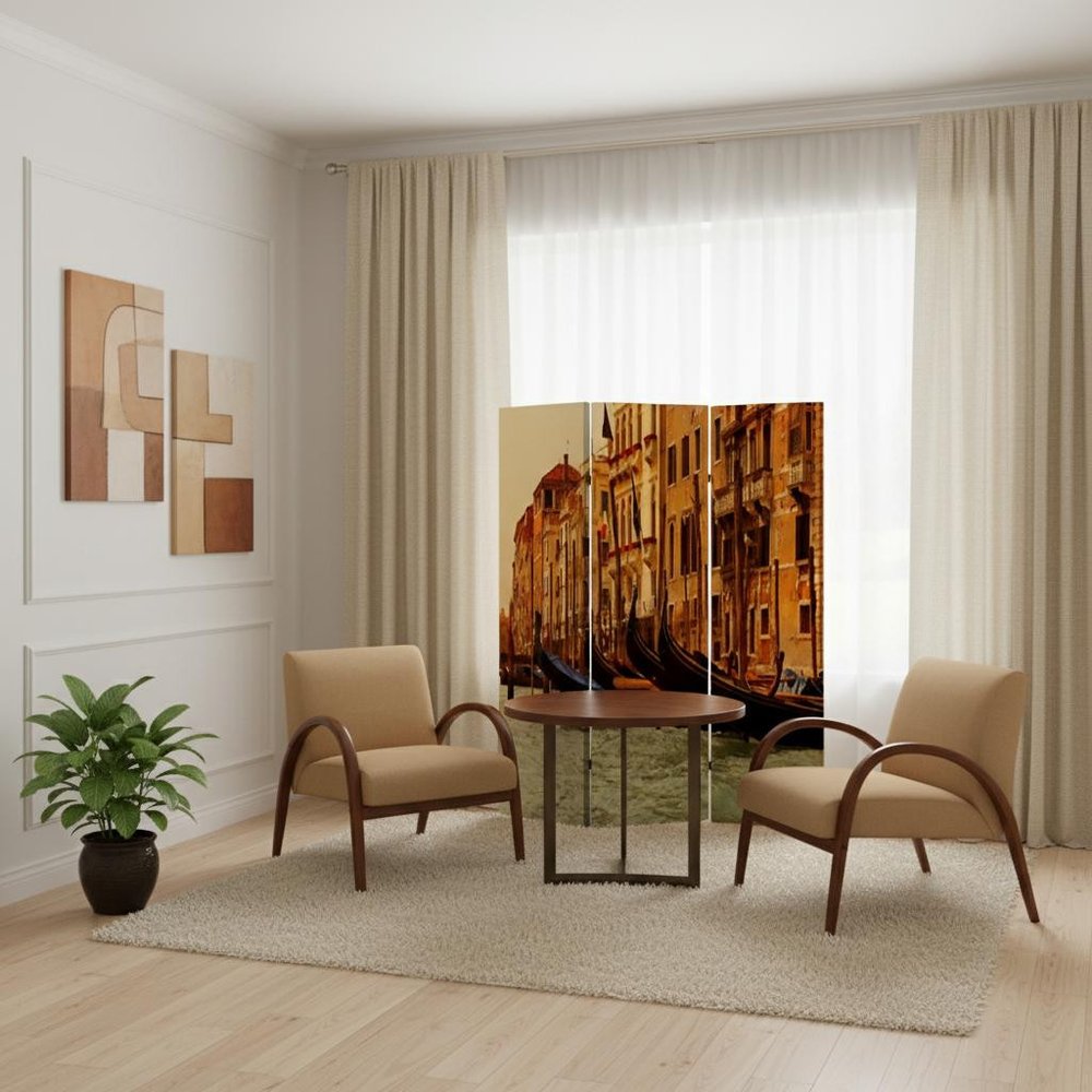 72" Brown Canvas Folding Three Panel Screen Room Divider