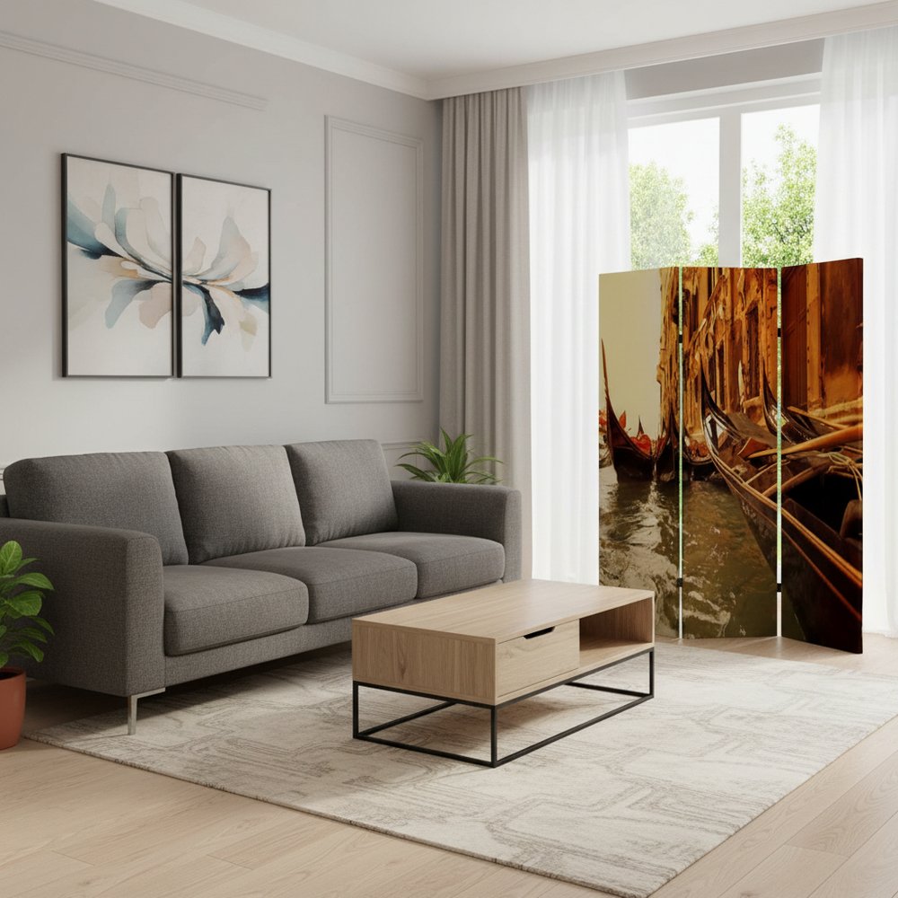 72" Brown Canvas Folding Three Panel Screen Room Divider