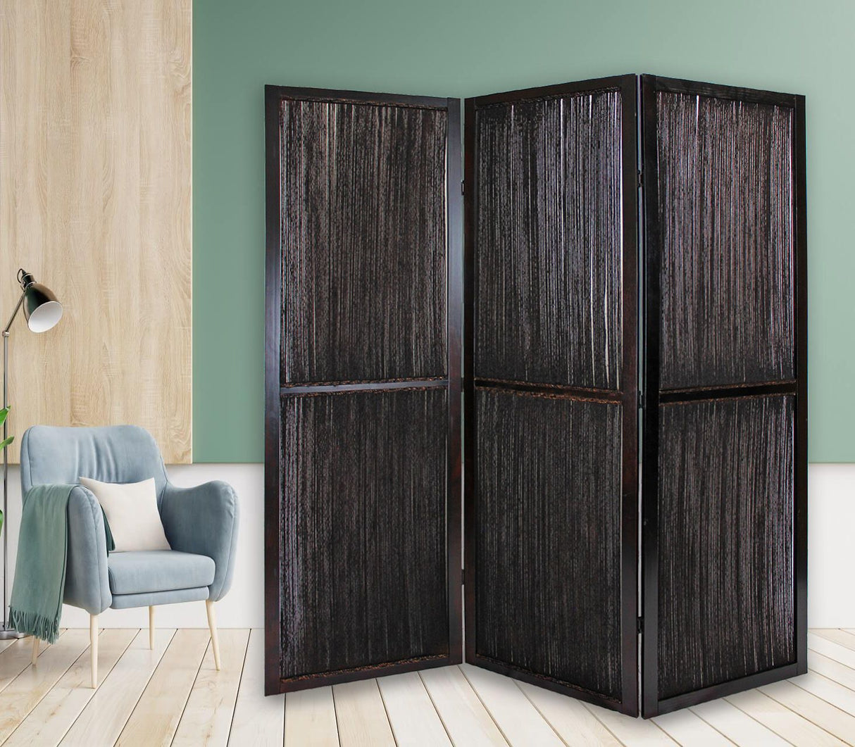 72" Brown Folding Three Panel Screen Room Divider