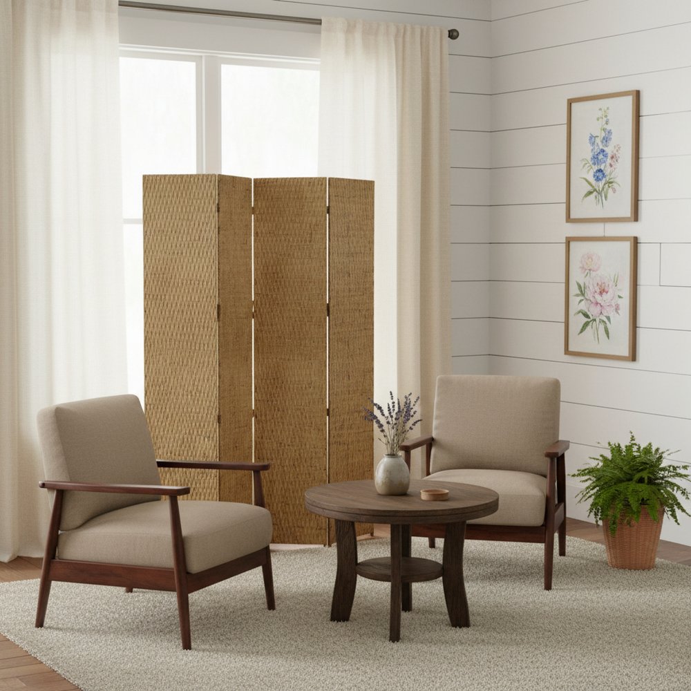 84" Silver Wood Folding Four Panel Screen Room Divider