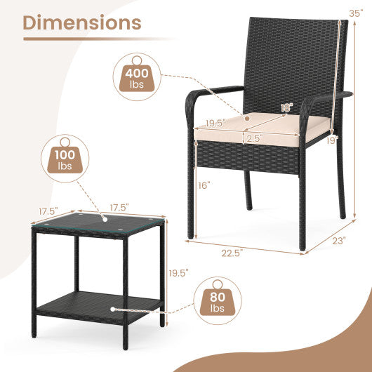 3 Piece Patio Furniture Set with Seat Cushions and Tempered Glass Tabletop-Beige